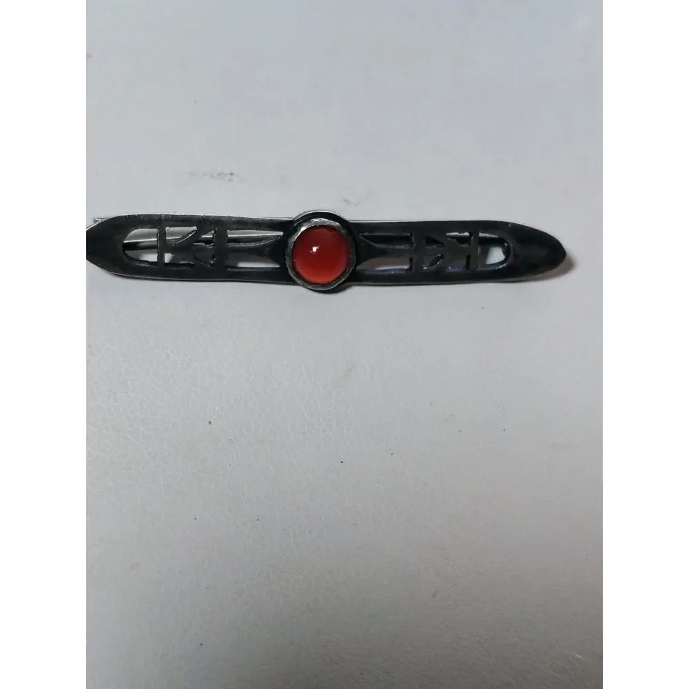 Vintage Sterling Silver Carnelian Arts & Crafts Openwork Bar Brooch Pin 925